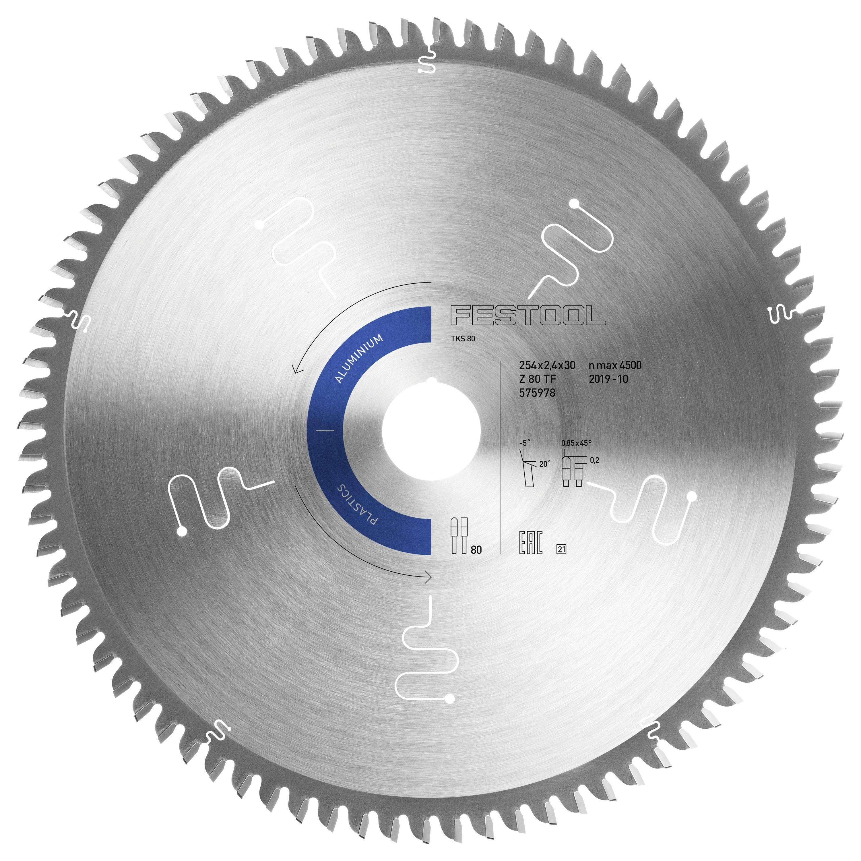 Kružna pila sa 56 zuba dizajnirana za rezanje aluminijuma, sa plavim i srebrnim tonovima i Festool brendiranjem.
