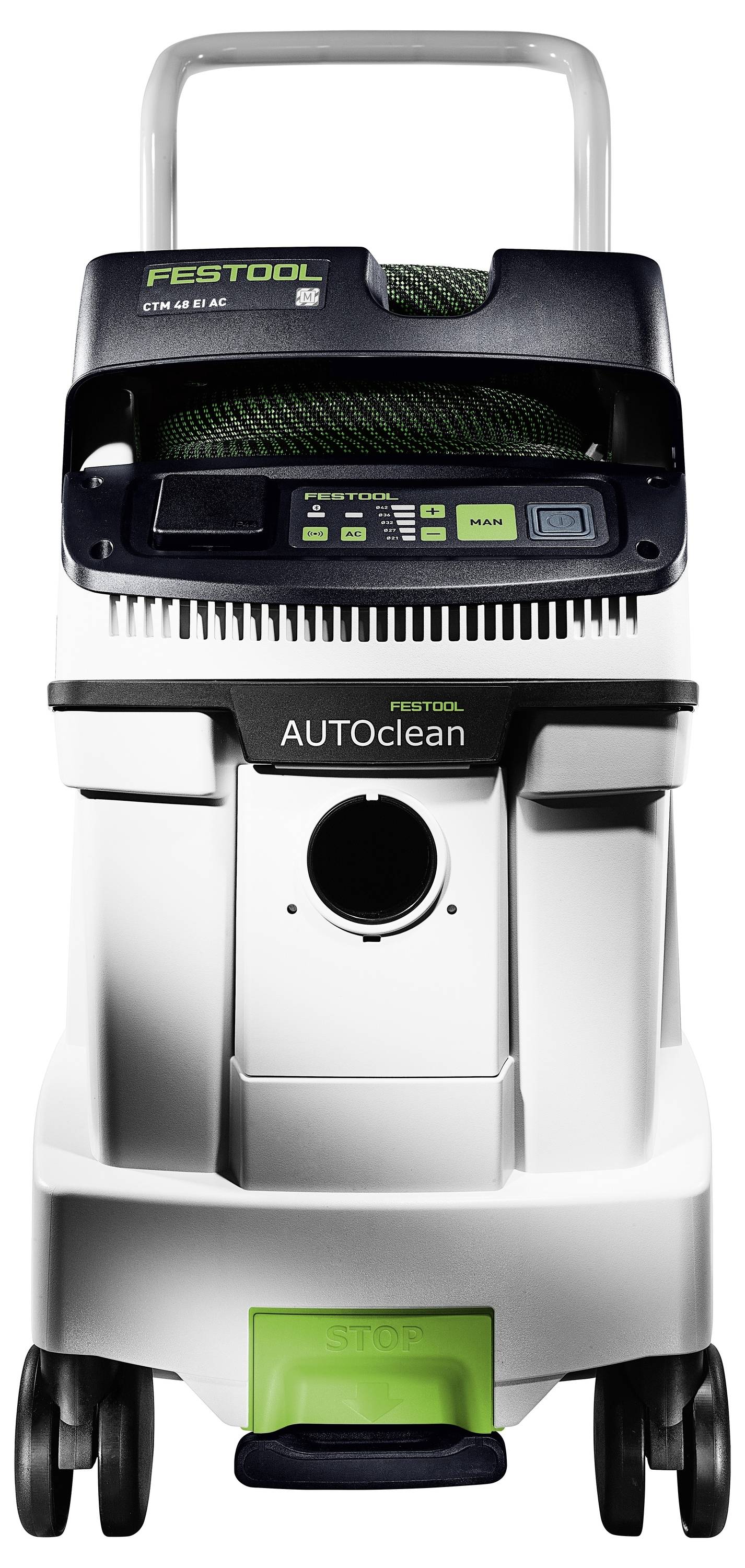 Usisavač 'Festool', model 'CTM 36 E AC'. Ima upravljačku ploču i sustav automatskog čišćenja, dizajniran za profesionalnu upotrebu.