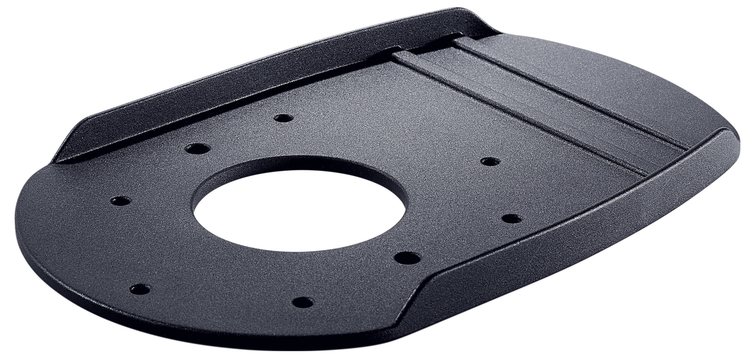 Crna, ovalno oblikovana bazna ploča usmjerivača s više otvora i centralnim velikim kružnim otvorom za prikačljivanje alata.