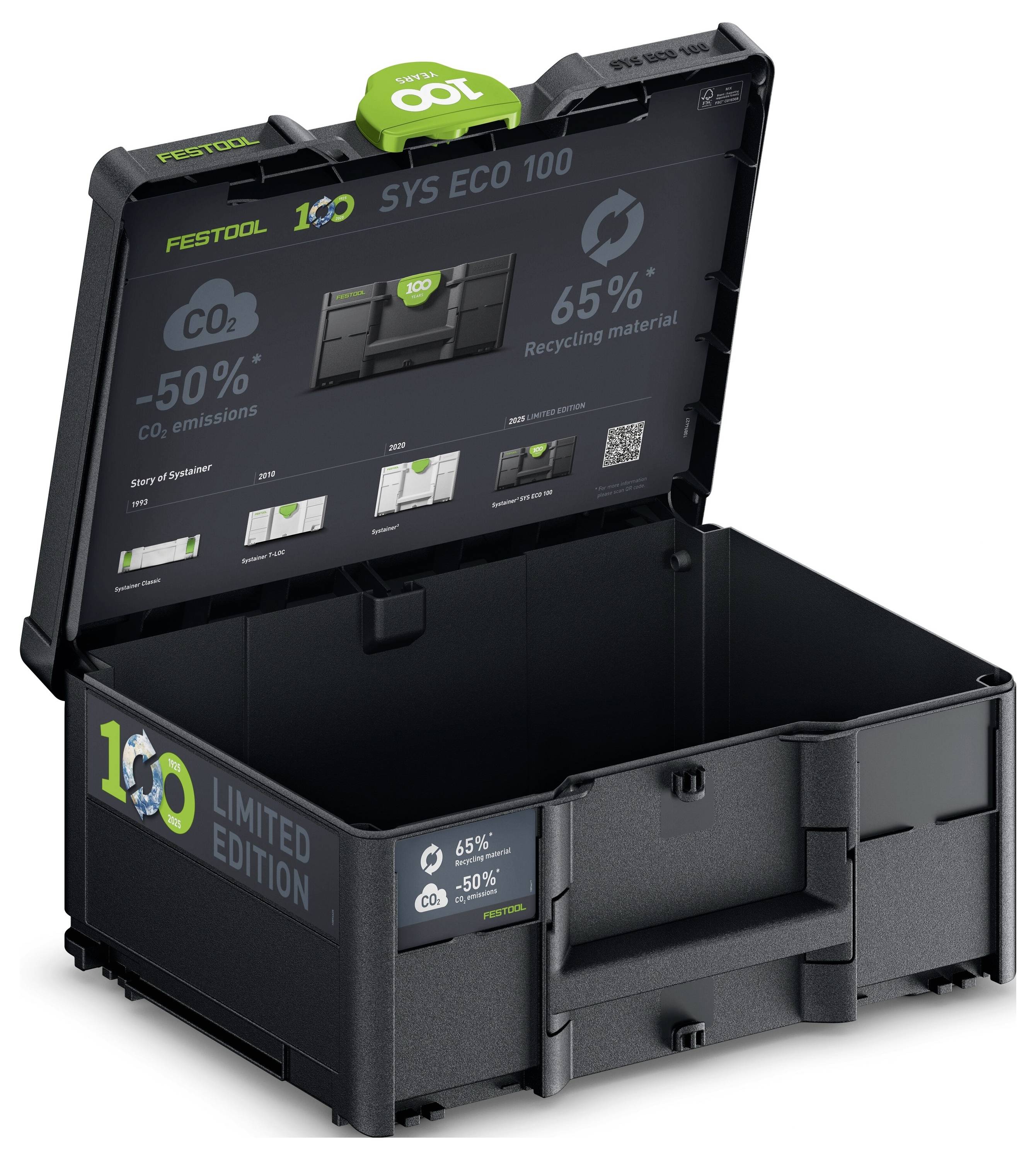 Festool SYS ECO 100 kofer s prikazom koji pokazuje '65% reciklirajući materijal' i 'CO₂ emisije -50%', ističući napore u održivosti.