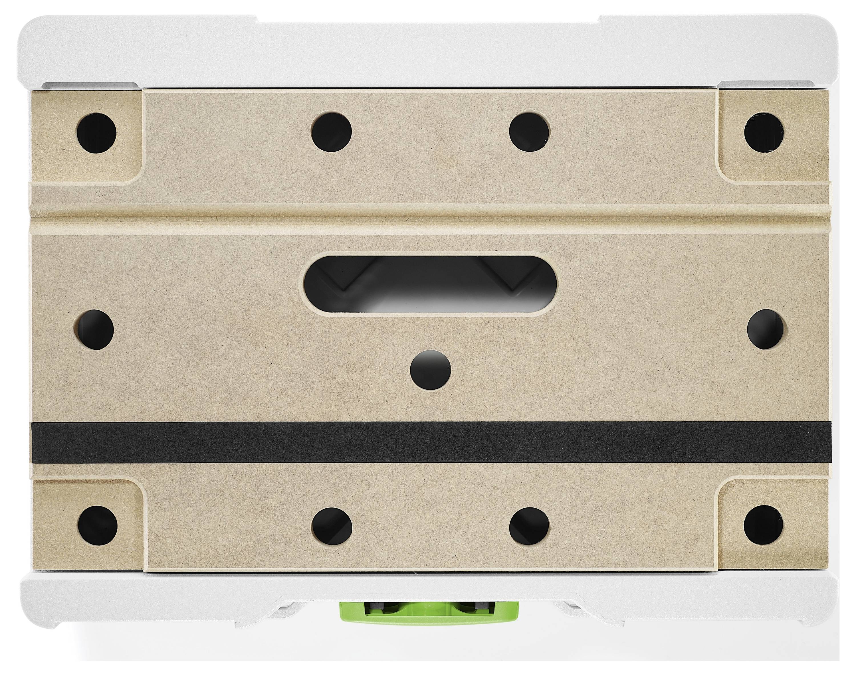 'Bijeli i sivi poklopac za slagajuće kutije s više malih crnih rupa i središnjom ručkom, na vrhu s tekstuiranom bež površinom.'