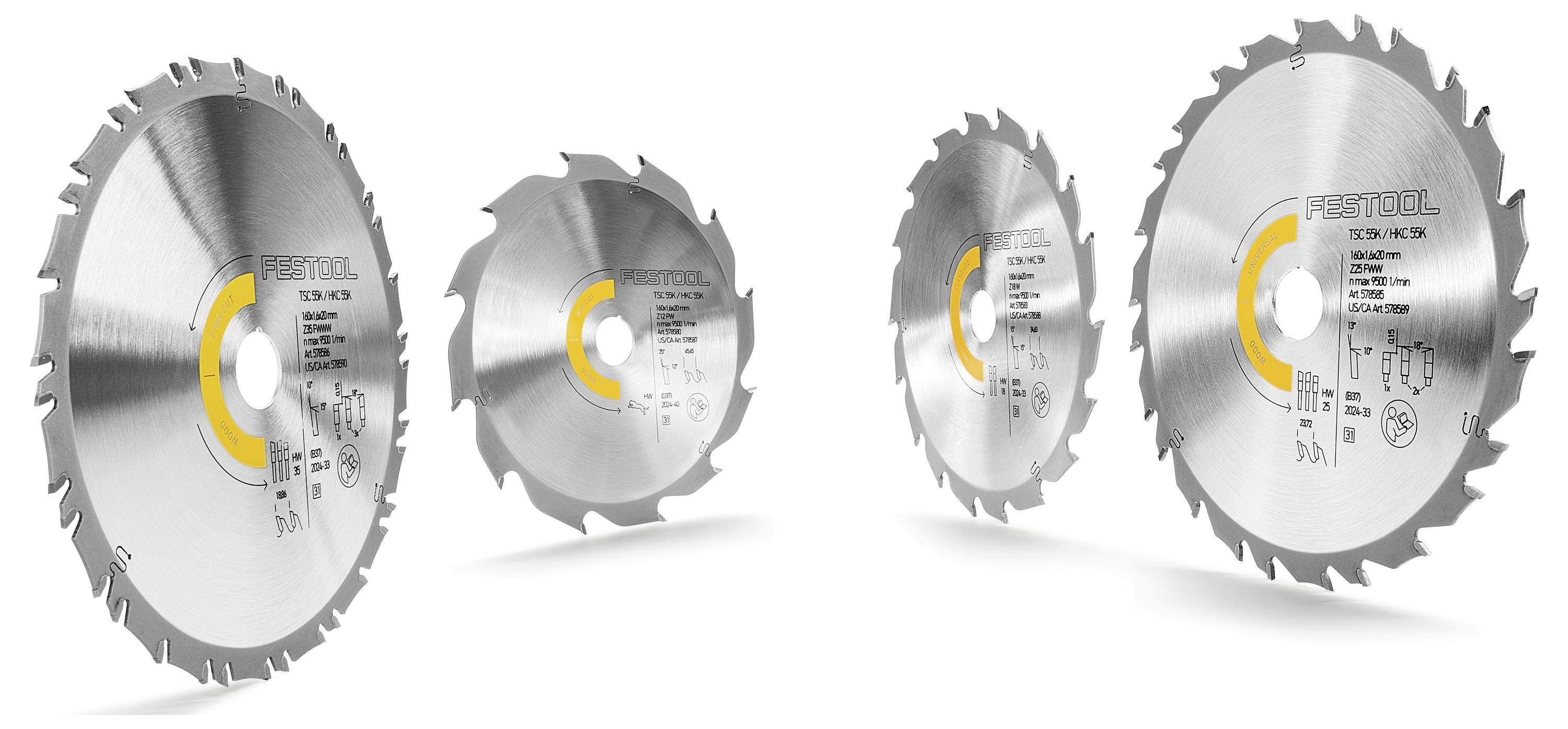 Kružne pile s oštrim zubima prikazane na bijeloj pozadini, prikazujući različite veličine i specifikacije na njihovim površinama.