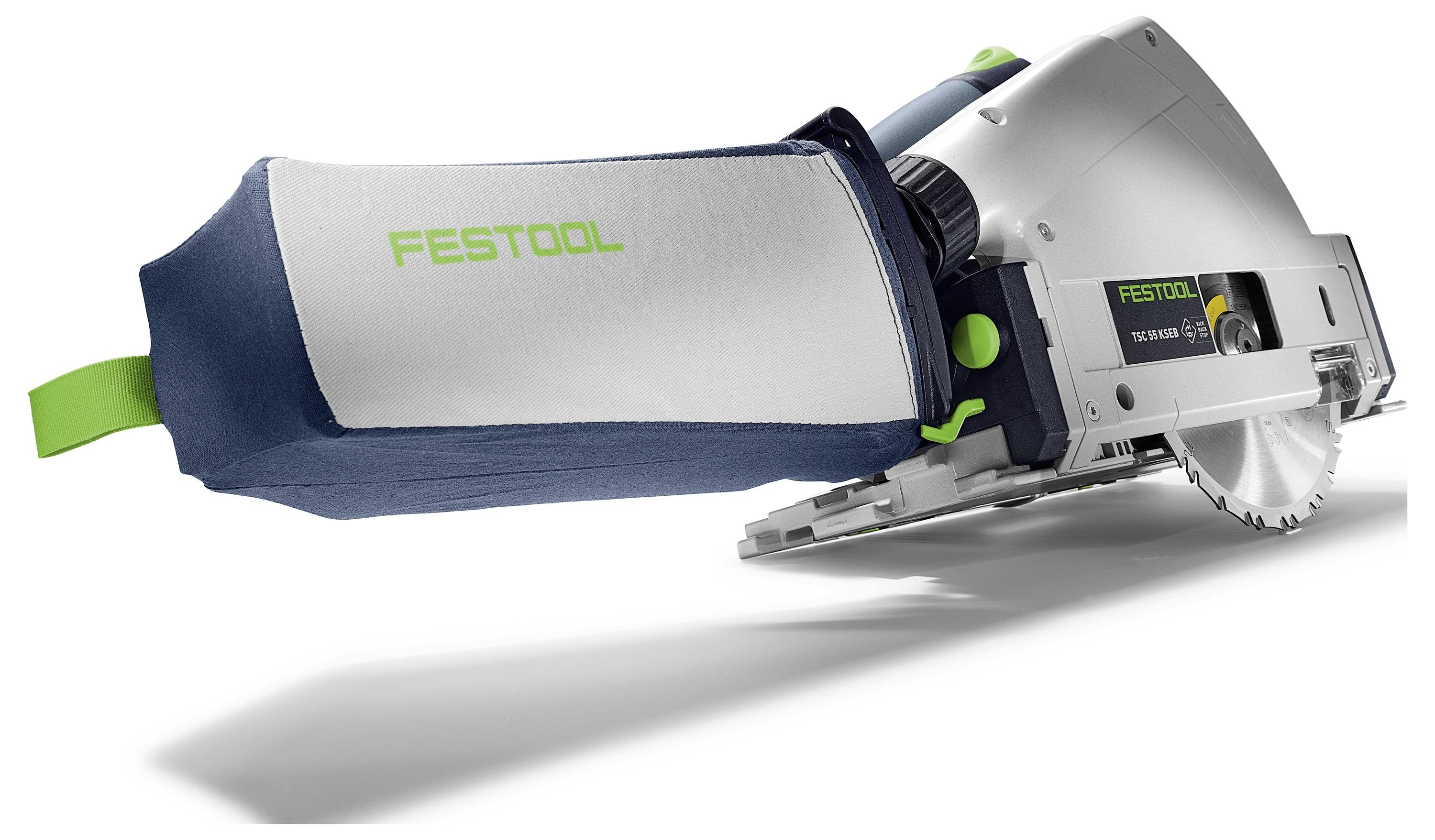 Festool tračna pila sa torbom za prikupljanje prašine, dizajnirana za precizne rezove pri obradi drva, prikazuje svoj kompaktan i ergonomski dizajn.