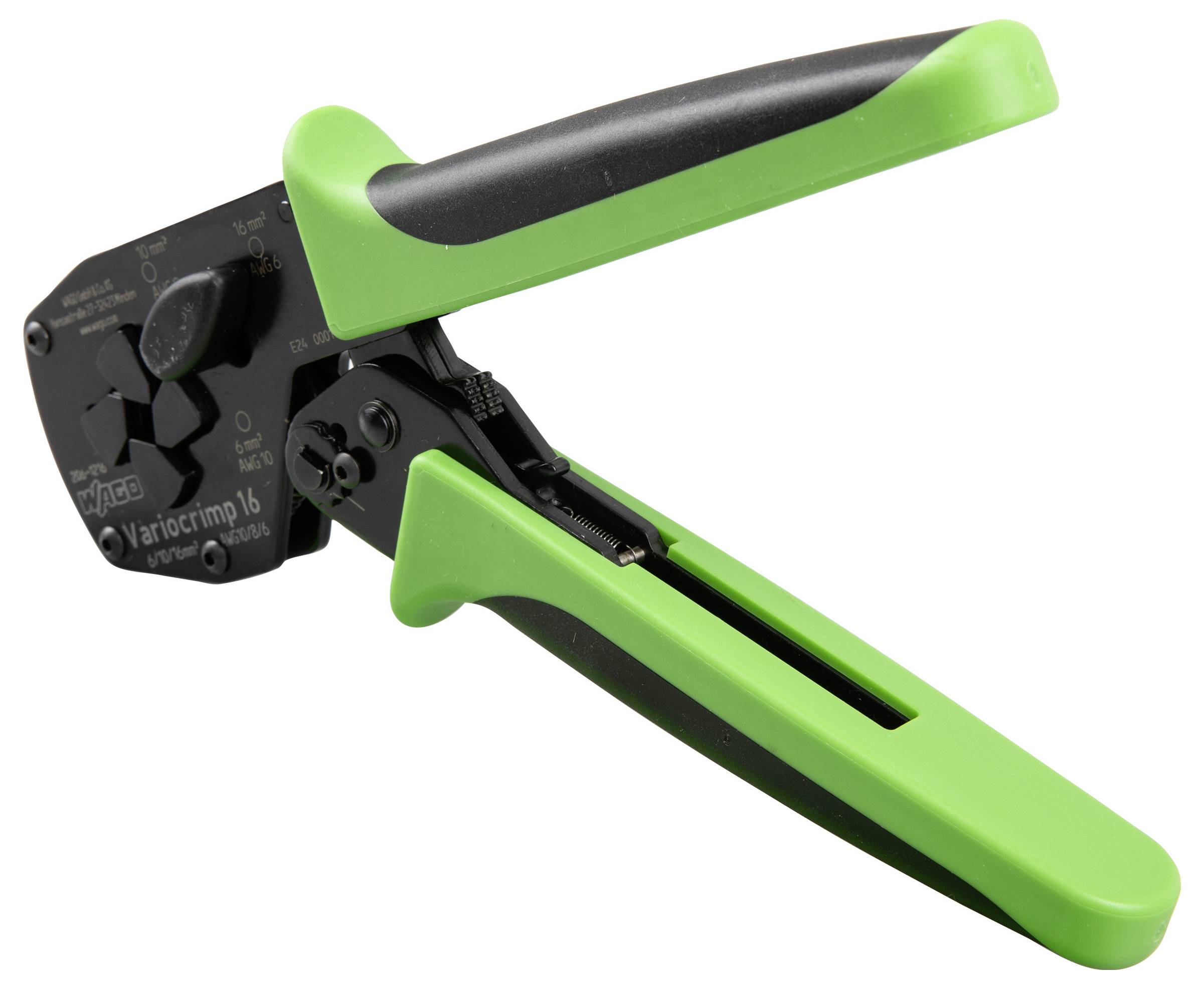Zeleno-crni alat za krimpanje s podesivim postavkama, koristi se za osiguravanje žica i konektora.