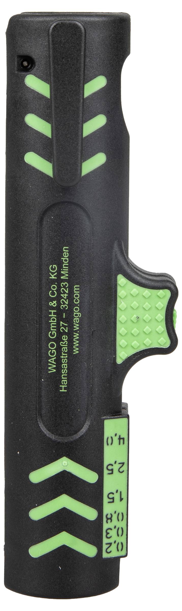 Crni i zeleni uređaj sa klizačem i oznakama kuta. Sadrži tekst 'WAGO GmbH & Co. KG' i URL web stranice.