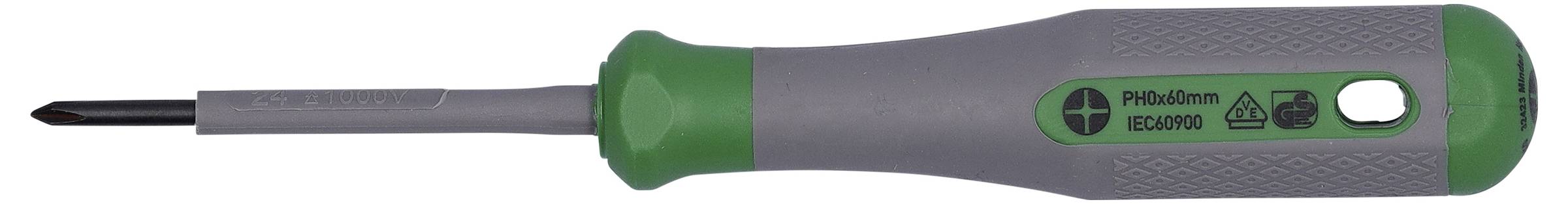 Sivi i zeleni Phillips odvijač označen s 'EC0001,' s ergonomskom ručkom i križnom vrhom, dizajniran za precizne elektronske radove.