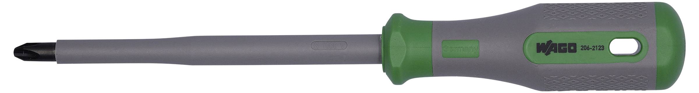 Sivkasto-zeleni odvijač sa Phillips glavom i tekstuiranom drskom.