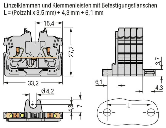 Tehnički dijagram električnog konektora. Dimenzije: duljina 28,9 mm, širina 30,3 mm, visina 15,3 mm. Sadrži više terminala.