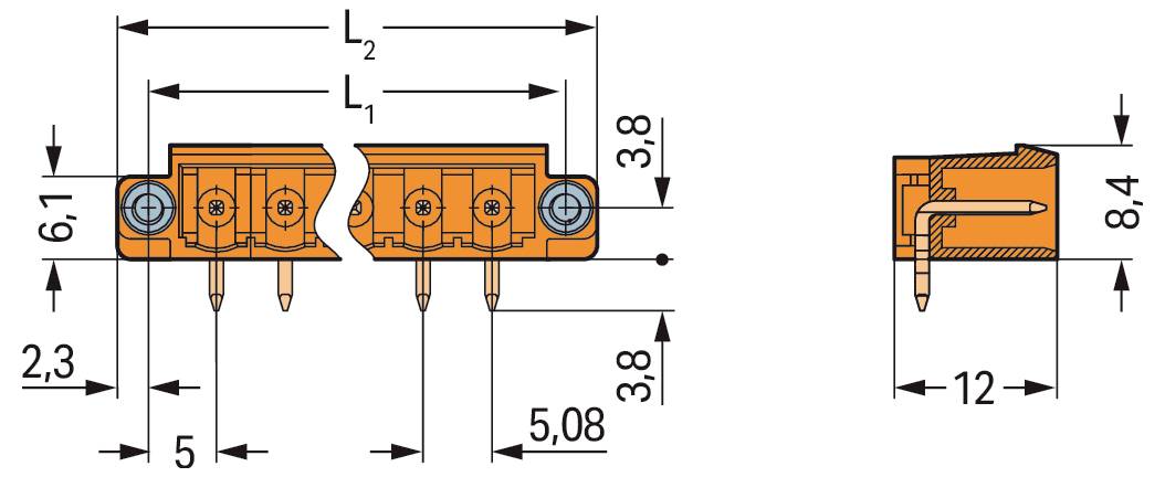 Tehnički dijagram prikazujući narančasti električni konektor s tri igle. Dimenzije označene: 6,1 mm, 5 mm, 5,08 mm, 8,4 mm i 12 mm.