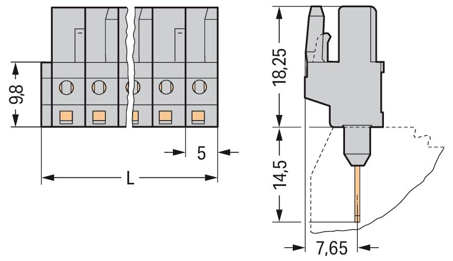 Tehnički crtež konektora: prednji pogled sa dimenzijama 9.8, L, 5; bočni pogled sa dimenzijama 18.25, 14.5, 7.65.