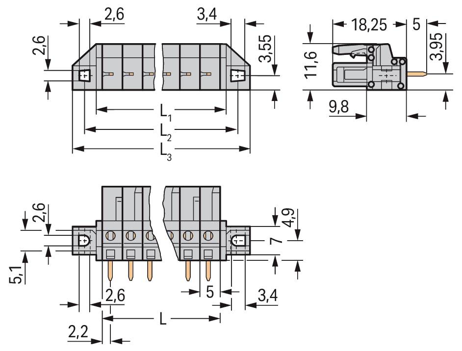 Tehnički dijagram koji prikazuje dimenzije konektora s razmakom od 2,6 mm. Uključuje prikaze sprijeda, sa strane i odozgo s napomenama mjerenja.