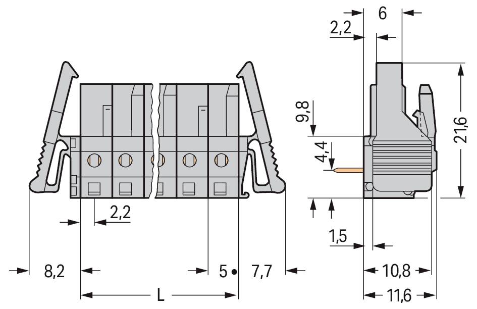 'Tehnički dijagram električnog konektora.' Konektor ima sljedeće dimenzije: visina 21,6 mm, širina 8,2 mm i dubina 10,8 mm.