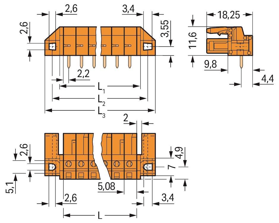 Tehnički dijagram narančastog električnog konektora s dimenzijama: 18,25 mm širina, 11,6 i 9,8 mm visine s detaljnom raspodjelom pinova.