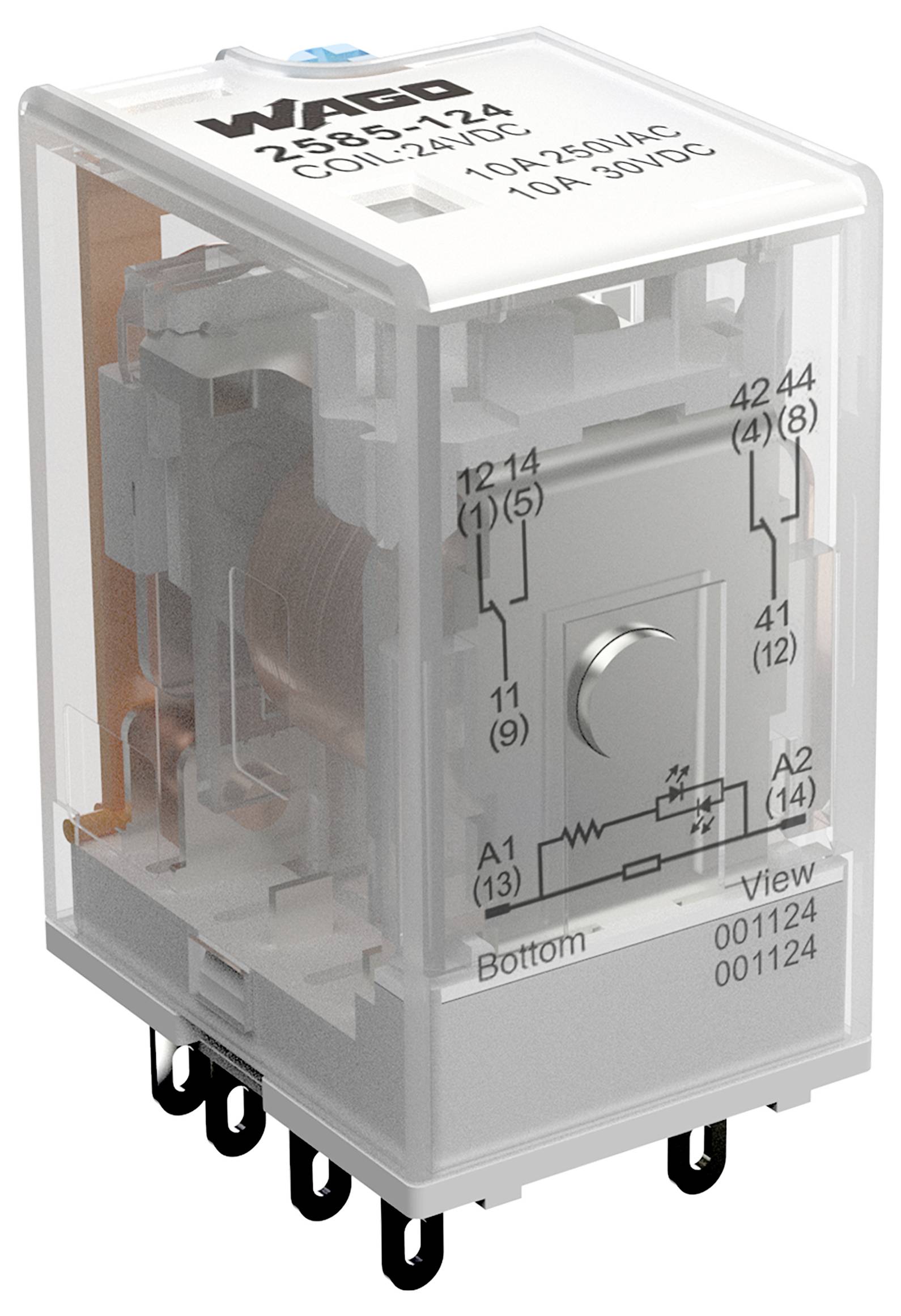 'Prozirna plastična električna releja označena s "PACO 28S8-124" s vidljivim unutarnjim komponentama i nekoliko metalnih utičnica za spajanja.'