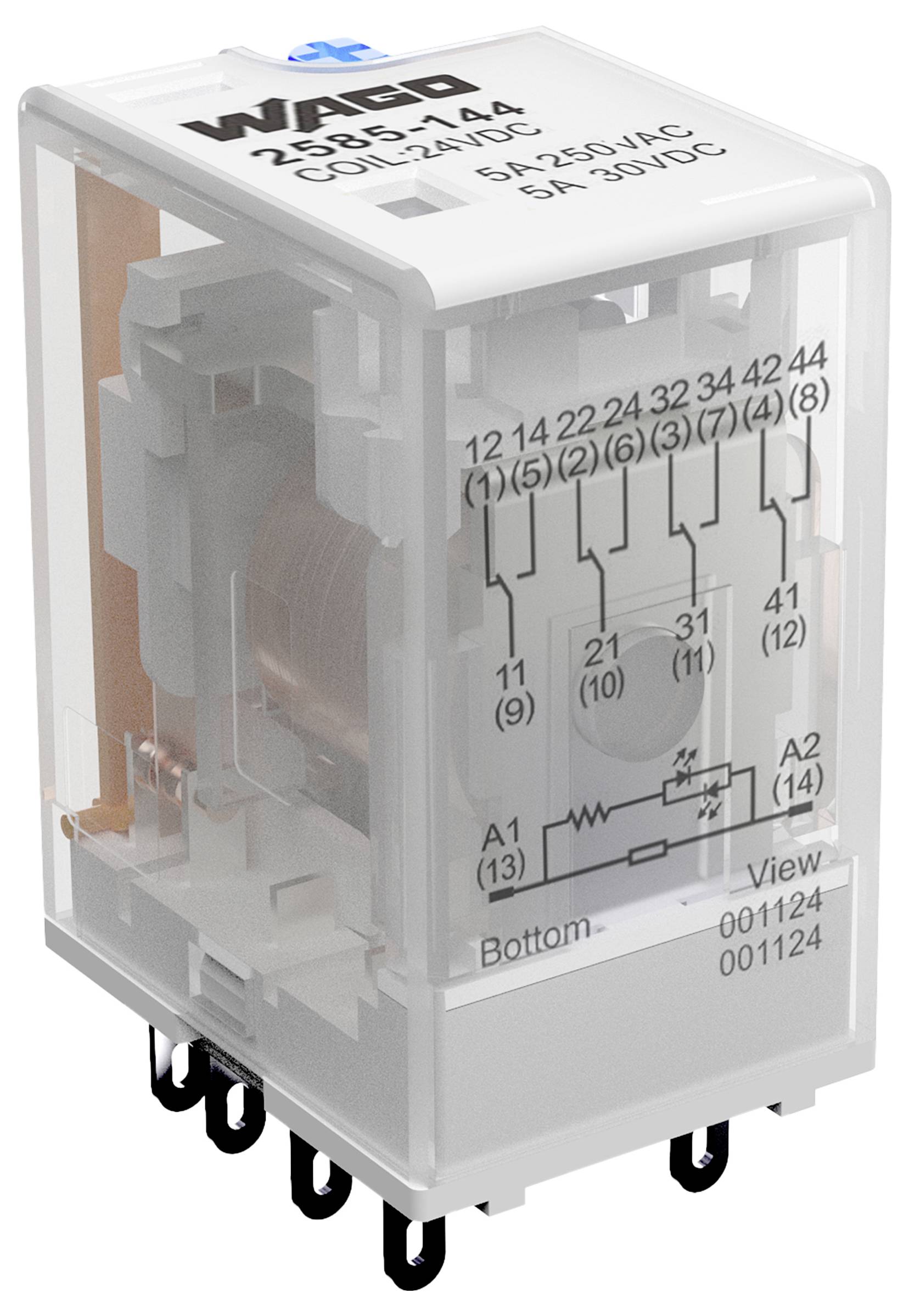 Prozirna električna releja s više polova i dijagram koji ilustrira numerirane veze, označena s 'WAEO 259B-1-A4'.