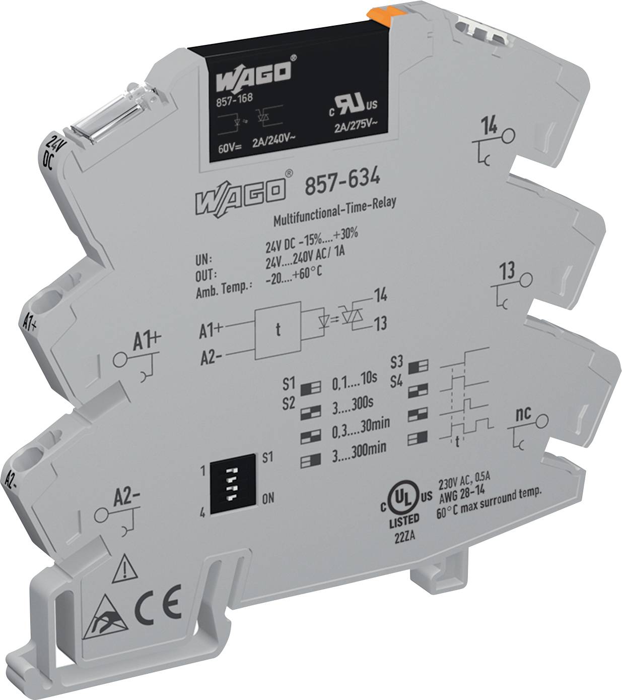 Multifunkcionalna vremenska releja marke WAGO, model 857-634, s ulazima 24V DC i 24-240V AC. Uređaj ima UL certifikat, s dijagramom na prednjoj strani.