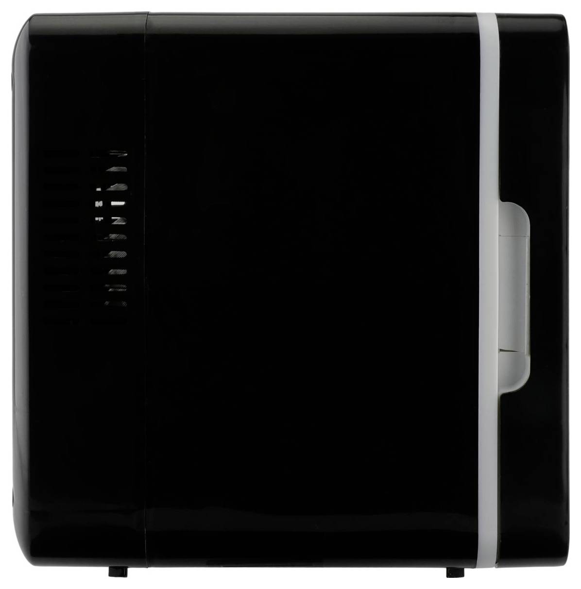 'Kompaktan crno-bijeli mini hladnjak sa elegantan dizajnom, prikazan sa strane, sa vidljivim ventilacijskim panelom.'