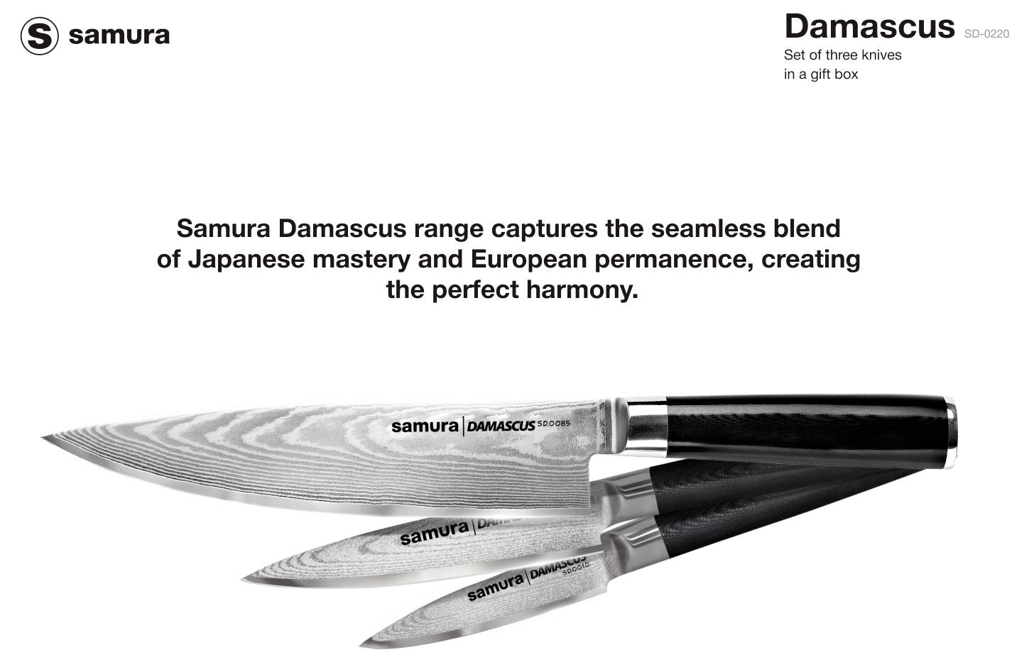Samura Damascus Komplet od tri noža u poklon kutiji. Samura Damascus linija uhvaća besprijekornu kombinaciju japanske vještine i evropske trajnosti, stvarajući savršenu harmoniju.