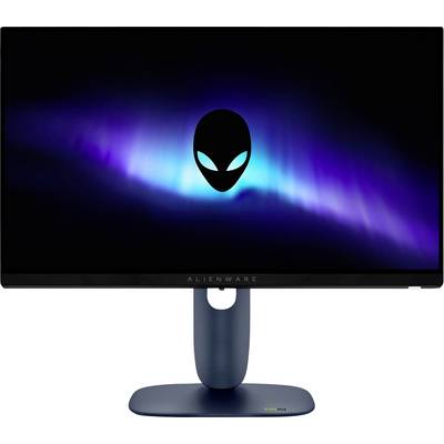 Monitor 'Alienware' sa svijetlećim logotipom vanzemaljca na zaslonu, postavljen na plavoj i ljubičastoj kozmičkoj pozadini, na elegantnom plavom postolju.