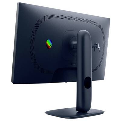 Elegantan, suvremeni računalni monitor promatran sa stražnje strane, s minimalističkim dizajnom, čvrstim, okomitim postoljem i akcentima gumbiju.