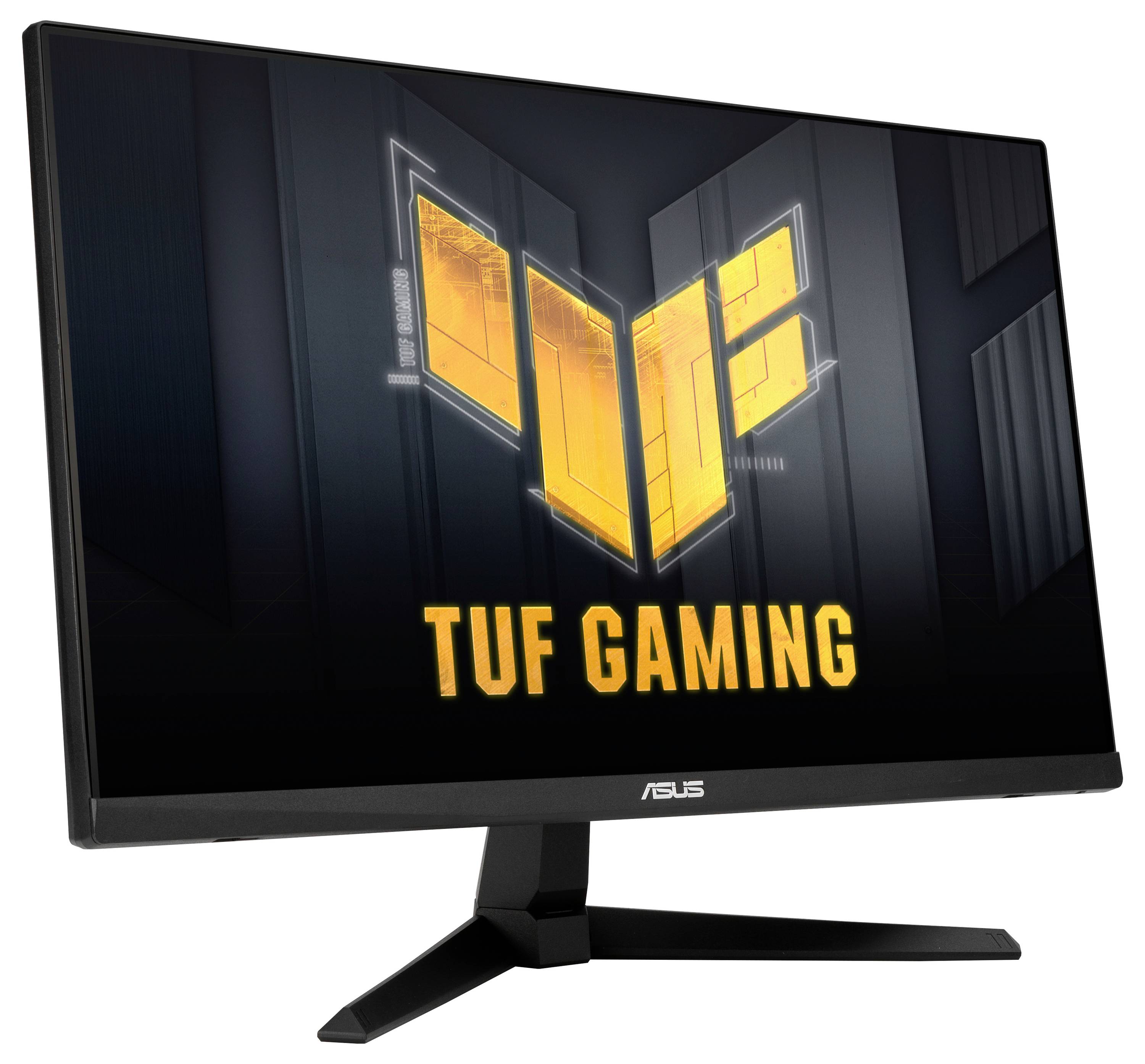 'ASUS TUF Gaming Monitor' logotip na ekranu, sa elegantnim dizajnom i čvrstom postoljem, naglašavajući fokus na igre.