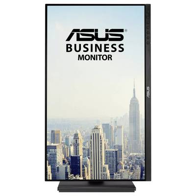Okomiti monitor prikazuje gradski horizont sa tekstom 'ASUS Business Monitor' na vrhu.