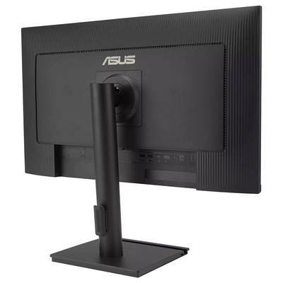 Crni monitor viđen sa stražnje strane, sa čvrstim postoljem i mehanizmom za podešavanje nagiba, prikazuje ASUS logo na gornjem dijelu stražnje strane.