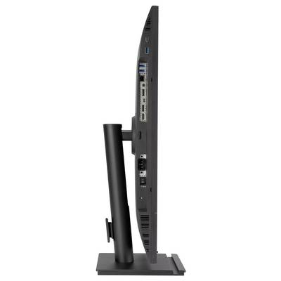 Bočni pogled svevremenog računalnog monitora koji prikazuje priključke za povezivanje, uključujući USB i HDMI, montiran na podesivom crnom postolju.