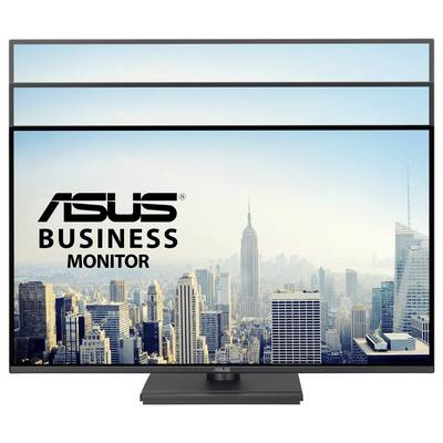 'ASUS Business Monitor' logotip na zaslonu koji prikazuje gradski horizont s visokim zgradama pod jasnim nebom.