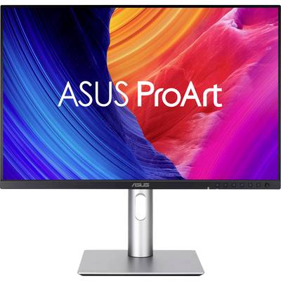 ASUS ProArt monitor s živahnom, šarenolikom zaslonskom, koja prikazuje mešavinu plavih, narančastih i crvenih tonova u vrtložnom obrascu.
