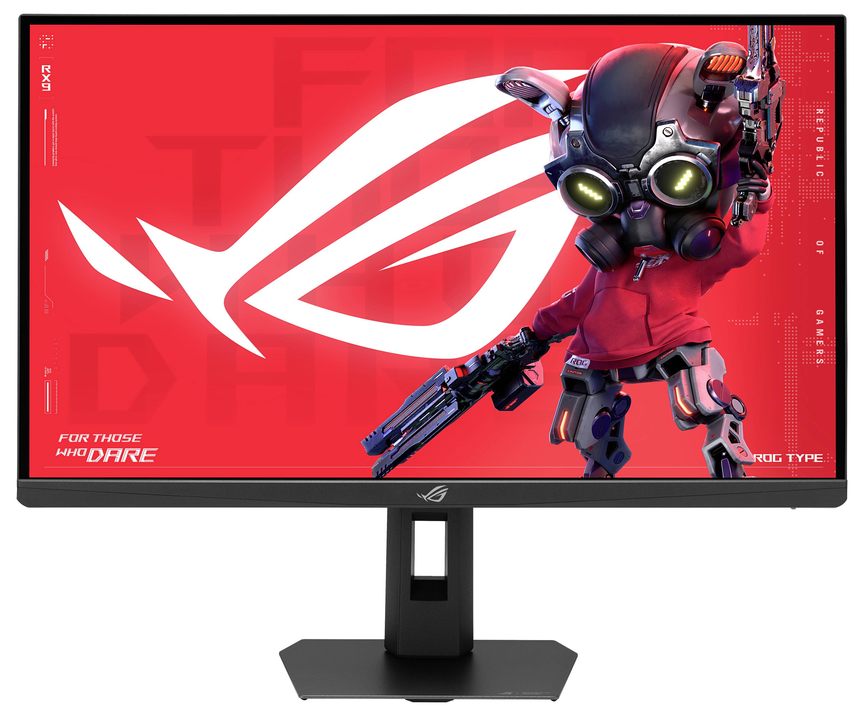 ASUS ROG monitor prikazuje crvenu pozadinu sa ROG logotipom i futurističkim robotskim likom koji nosi kacigu i drži oružje.