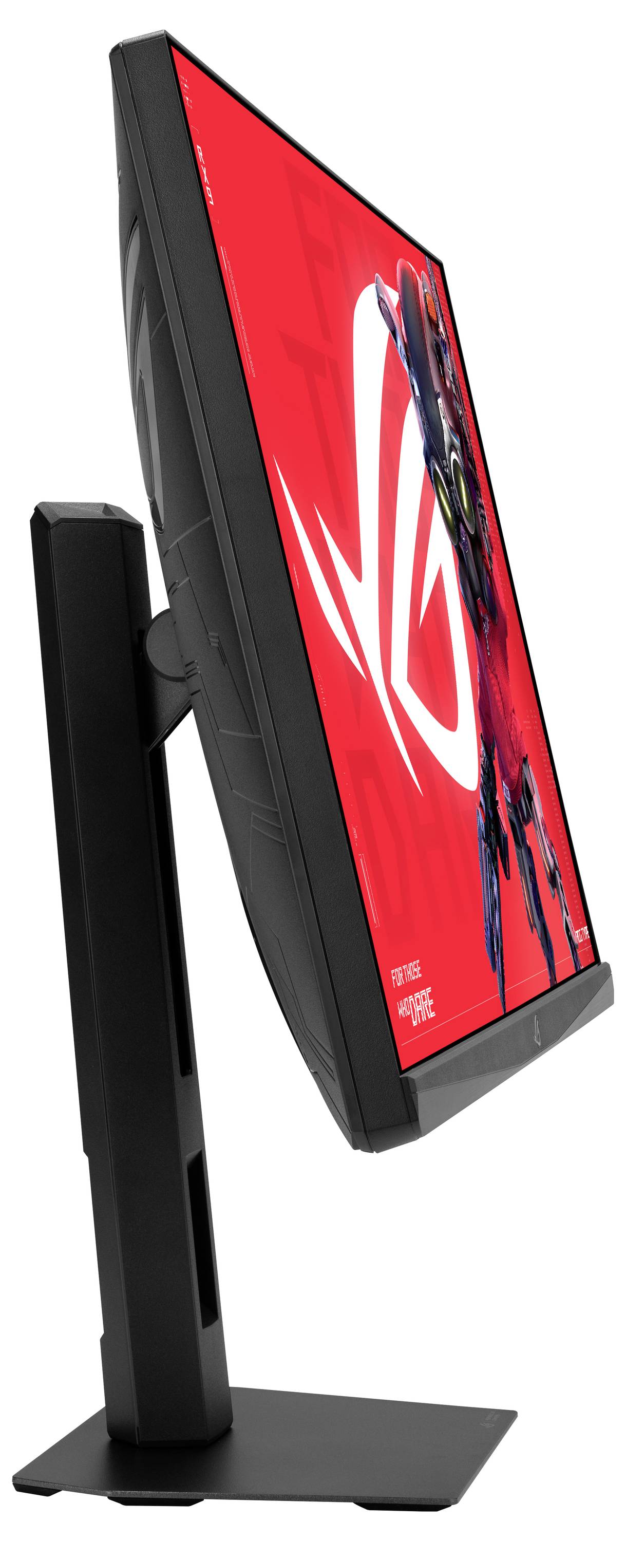 Bočni pogled na elegantan crni gaming monitor na stalku, koji prikazuje živahnu crvenu pozadinu s detaljnom grafikom.