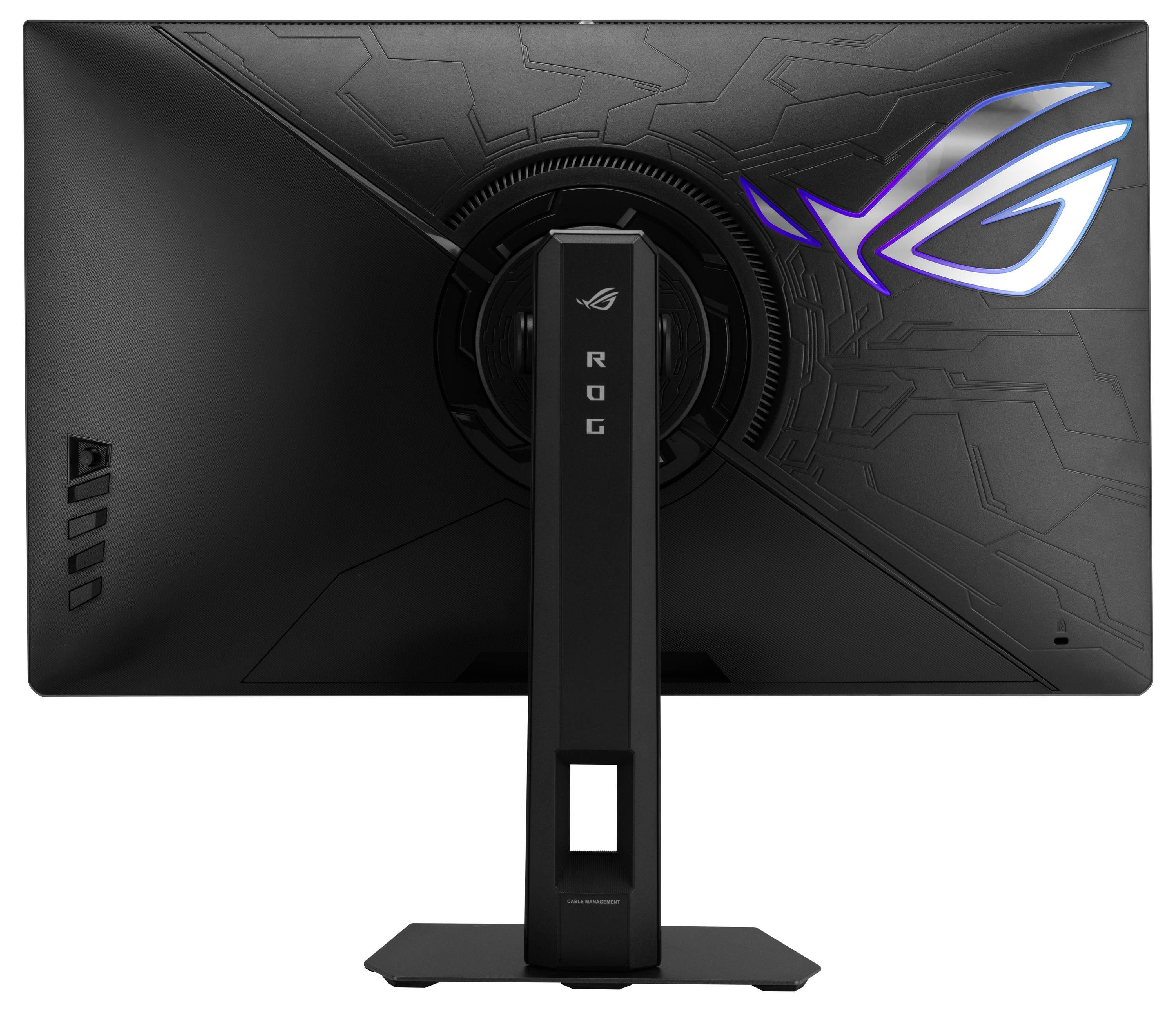 Elegantan crni gaming monitor sa osvijetljenim logotipom na stražnjoj strani i futurističkim uzorcima dizajna. Postolje ima ROG brendiranje.