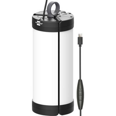 Prijenosna crno-bijela električna pumpa za zrak s ručkom i priloženim USB kabelom za punjenje, prikazana uspravno s trogumbnim inline kontrolerom.