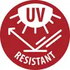 Crveni kružni simbol 'UV OTPORAN' koji prikazuje sunčeve zrake i strelicu, ukazujući da materijal odoleva ultraljubičastom zračenju.