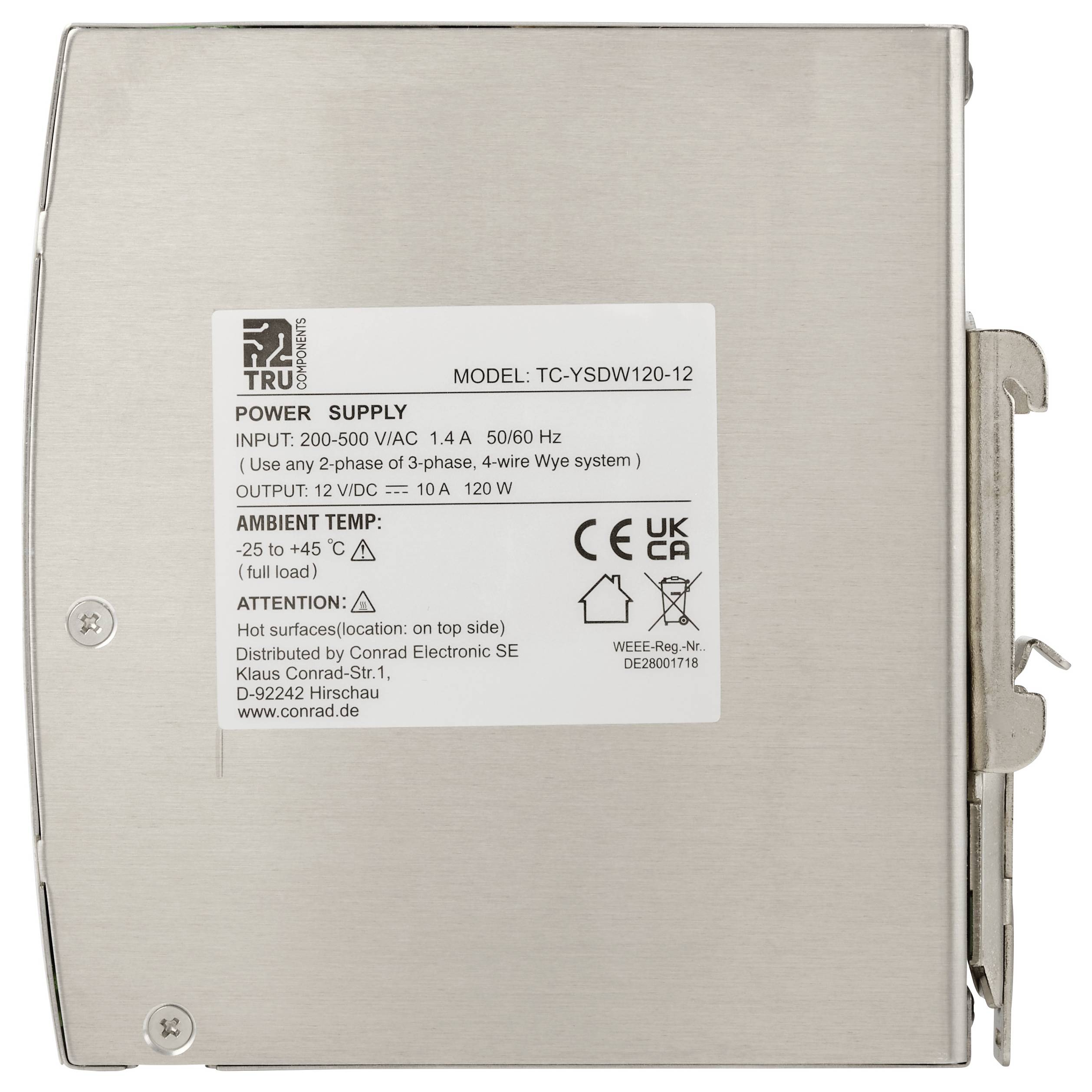 Jedinica napajanja od nehrđajućeg čelika označena s 'MODEL: TC-YSDW120-12' s izlazom od 12 VDC i kapacitetom od 120 W.