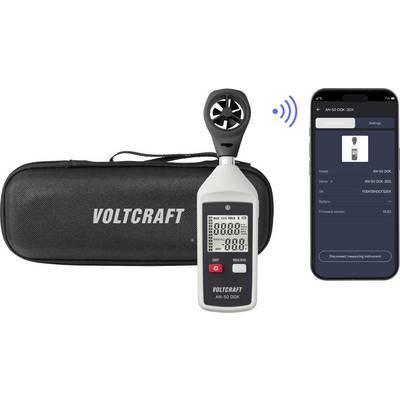 Ručni VOLTCRAFT anemometar s futrolom za nošenje, prikazan kako se bežično povezuje sa aplikacijom na pametnom telefonu za mjerenje brzine vjetra.