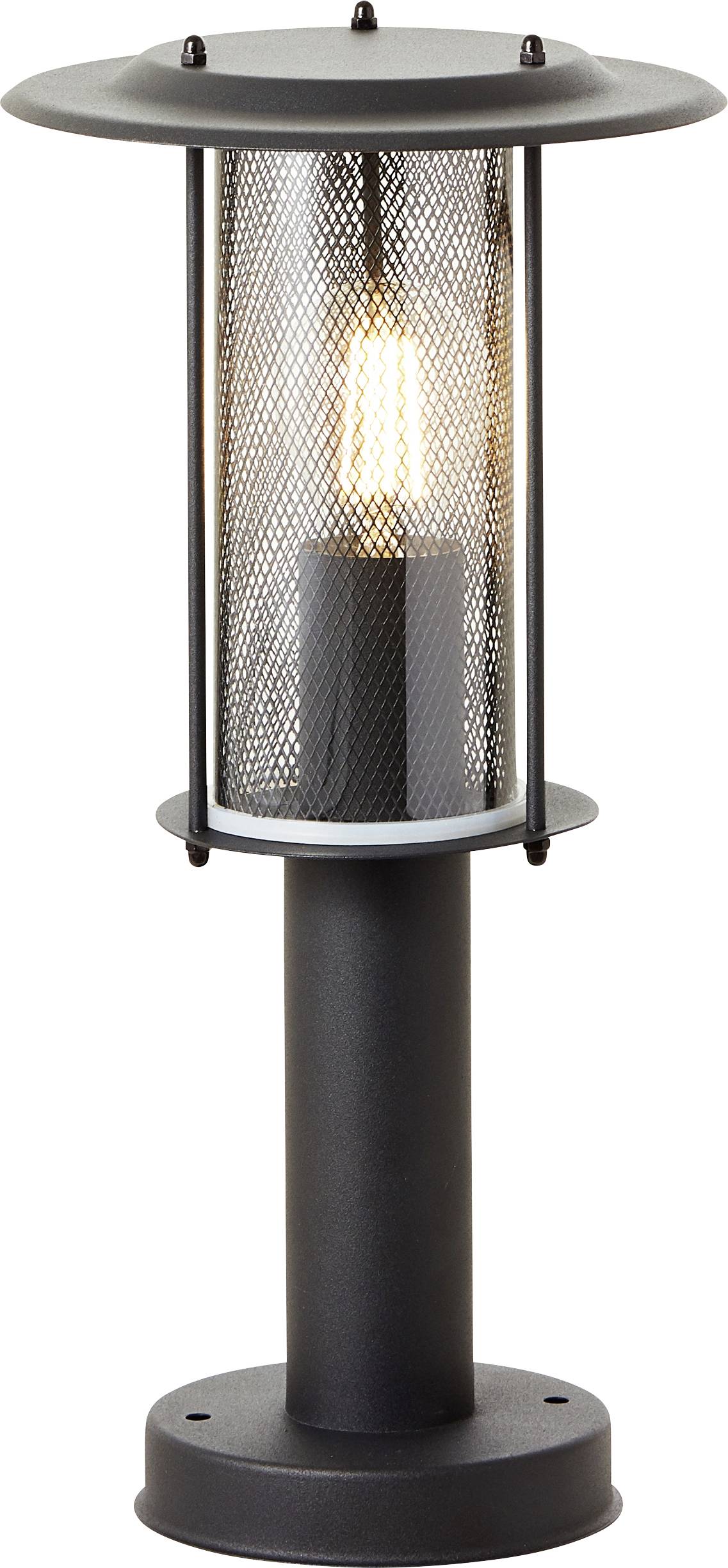 Moderna vanjska uljana lampa sa cilindričnim mrežastim dizajnom i vidljiva žarulja, koja stoji na kružnoj bazi.