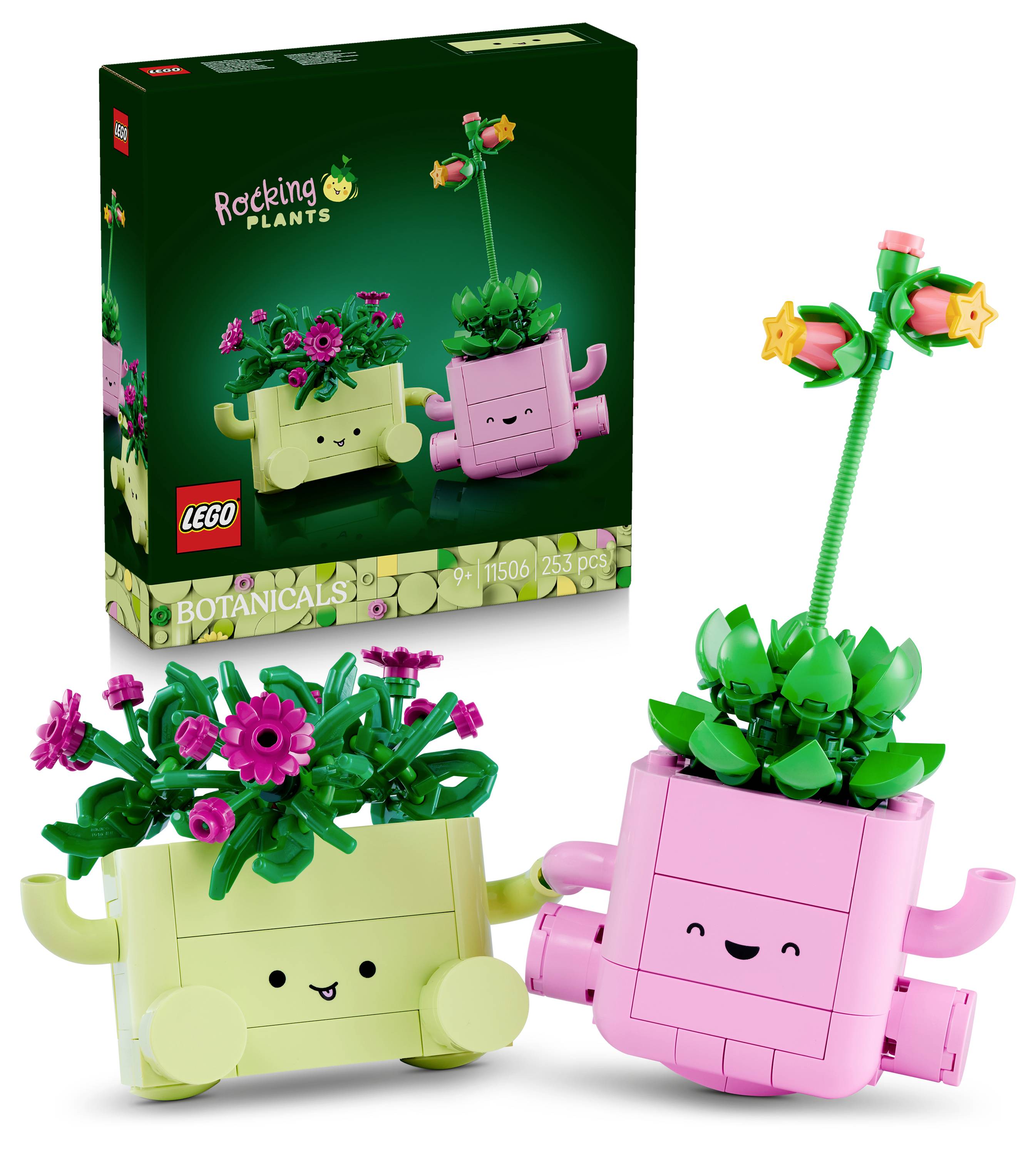 LEGO Botanicals 'Ljuljajuće biljke' set kutije i dvije nasmiješene biljne posude s gradnjama, jedna zelena i jedna ružičasta, s cvijećem i visokim tankim stablom.