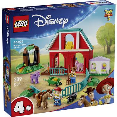 LEGO Disney Toy Story 5 set Blazin' Konjska farma na kutiji koji prikazuje crvenu štalu, figure konja, Woodya, Jessie i 209 dijelova za uzrast 4+