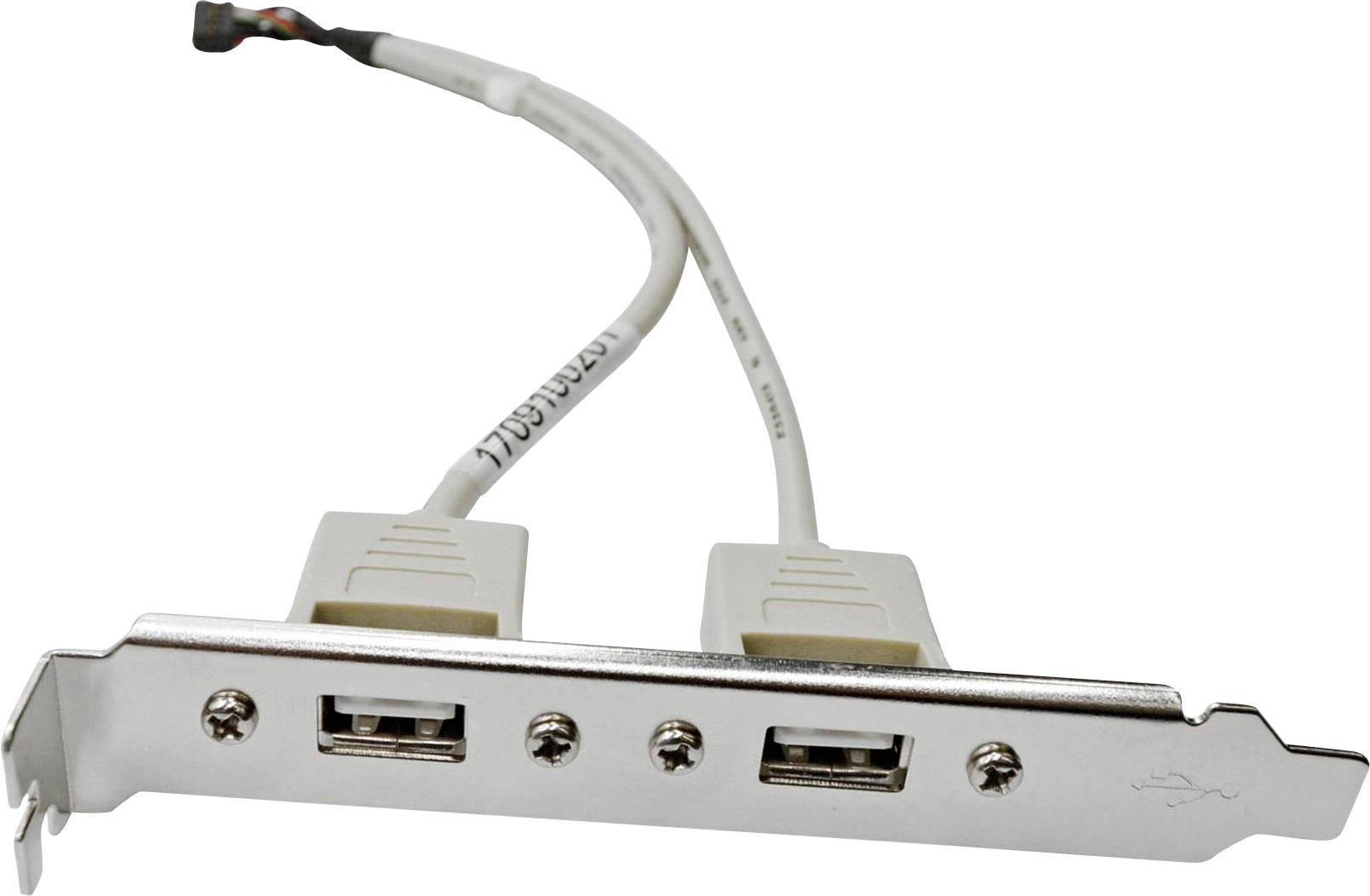 Metalna zagrada s dva USB priključka i priloženim kablima, vjerojatno korištena za interno povezivanje dodatnih USB uređaja na računalo.