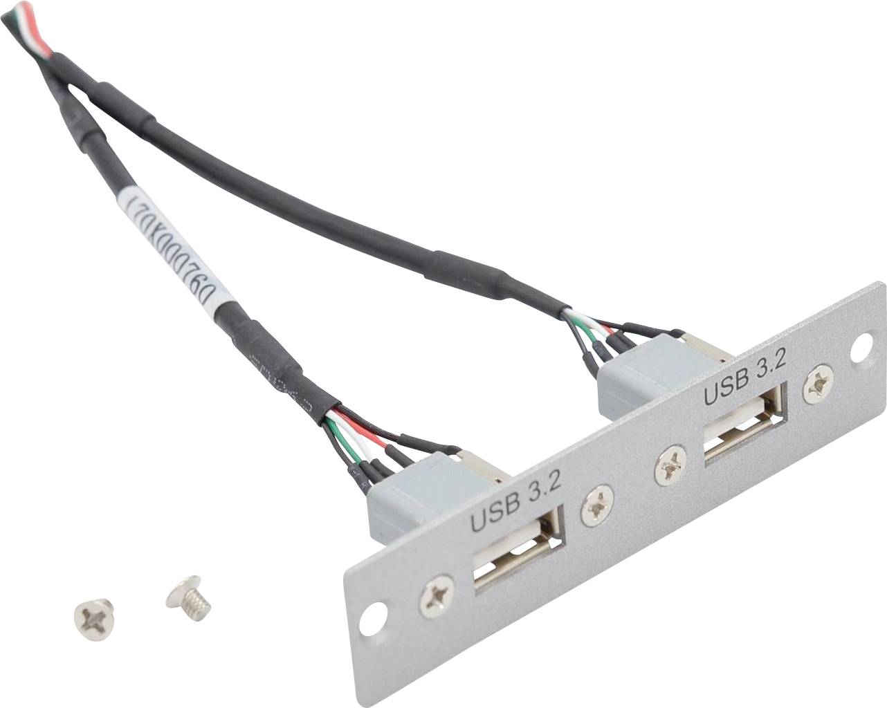'Metalna ploča s dva USB 3.2 priključka, s priloženim kablovima, i dva vijka postavljena pored nje.'