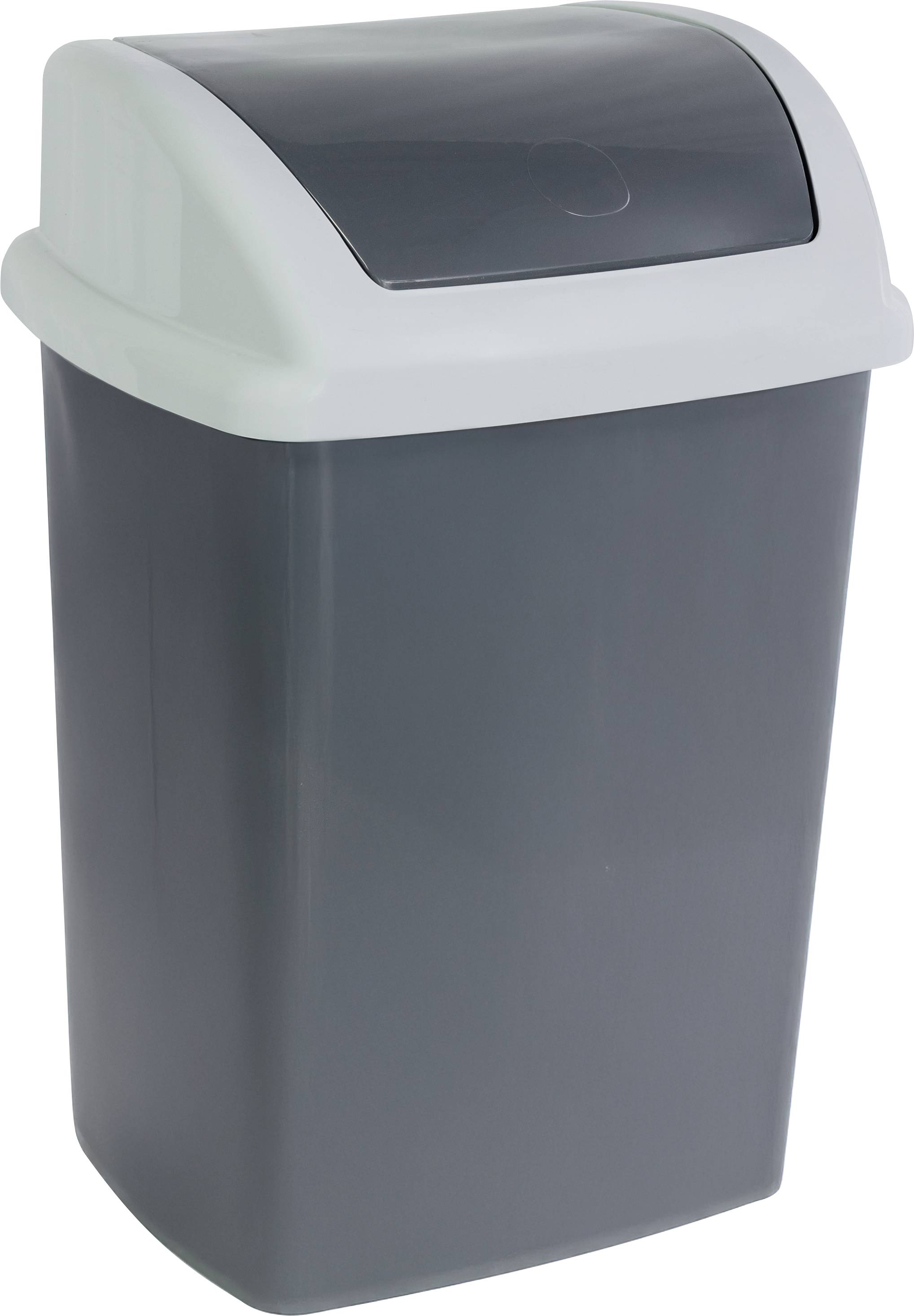 Siva plastična kanta za smeće s bijelim poklopcem na preklop, tipično korištena za unutarnje zbrinjavanja otpada.