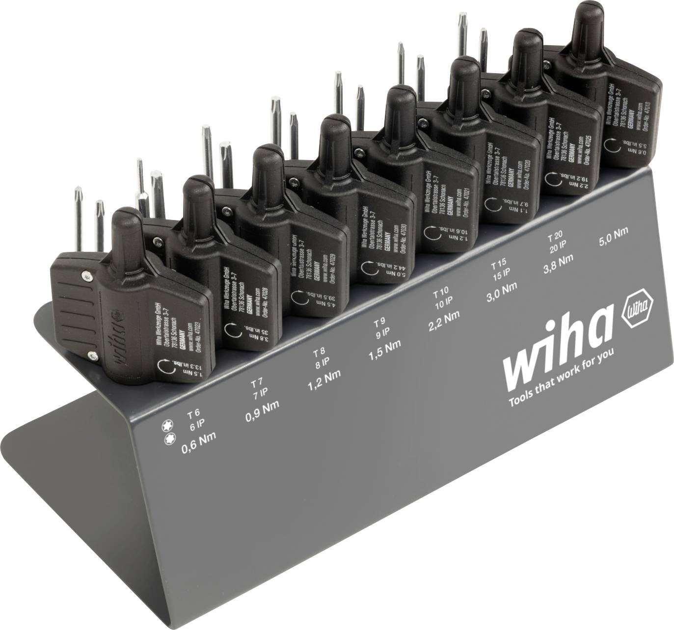 Skup od deset crnih bitova za odvijač s momentom pritiska prikazanih na sivoj nagnutoj postolju označenom 'wiha', svaki s različitim postavkama momenta pritiska i veličinom.