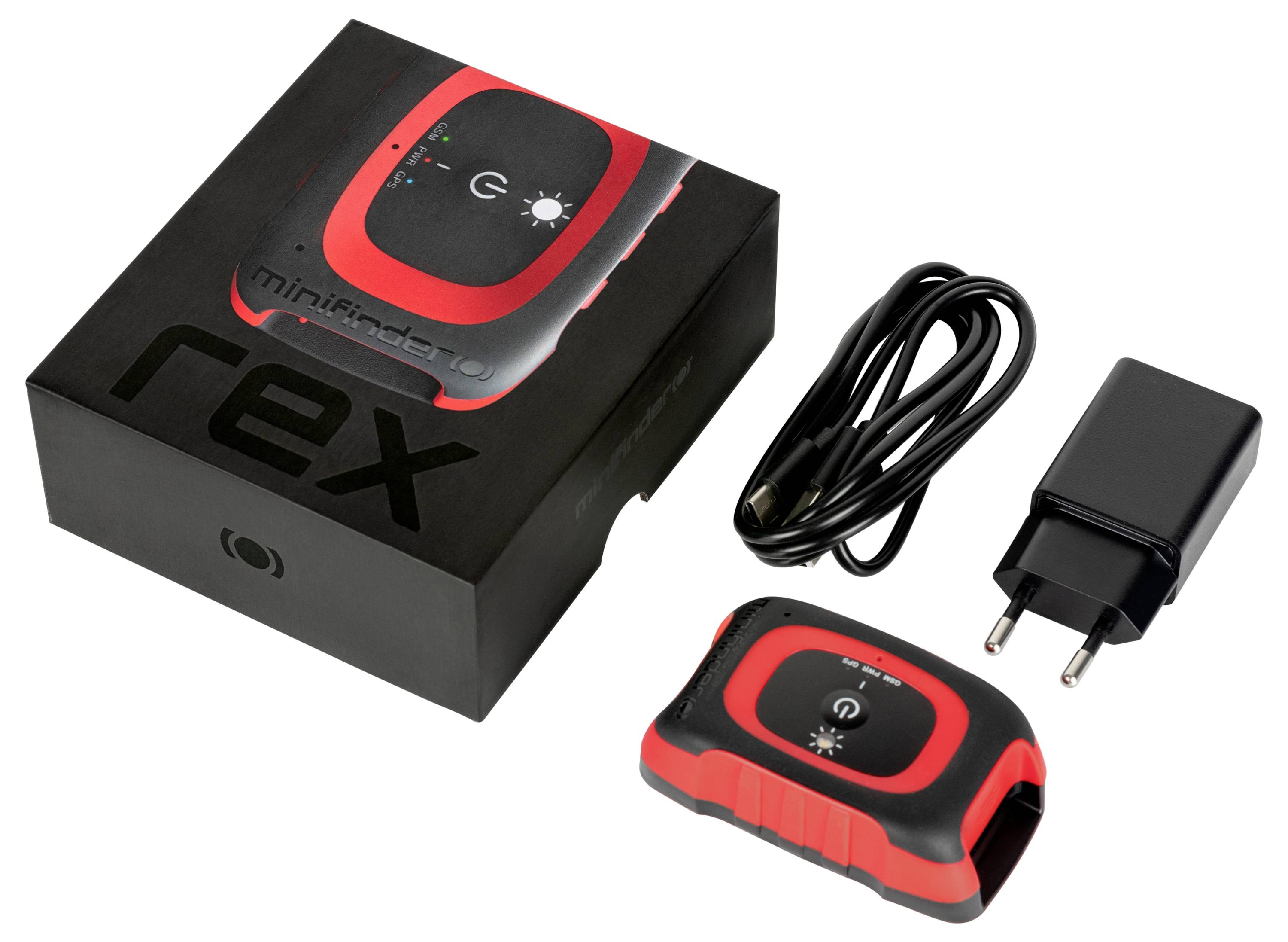 Uređaj za praćenje 'Rex' s punačem i USB kablom pored crne kutije s brendiranjem uređaja i slikom.