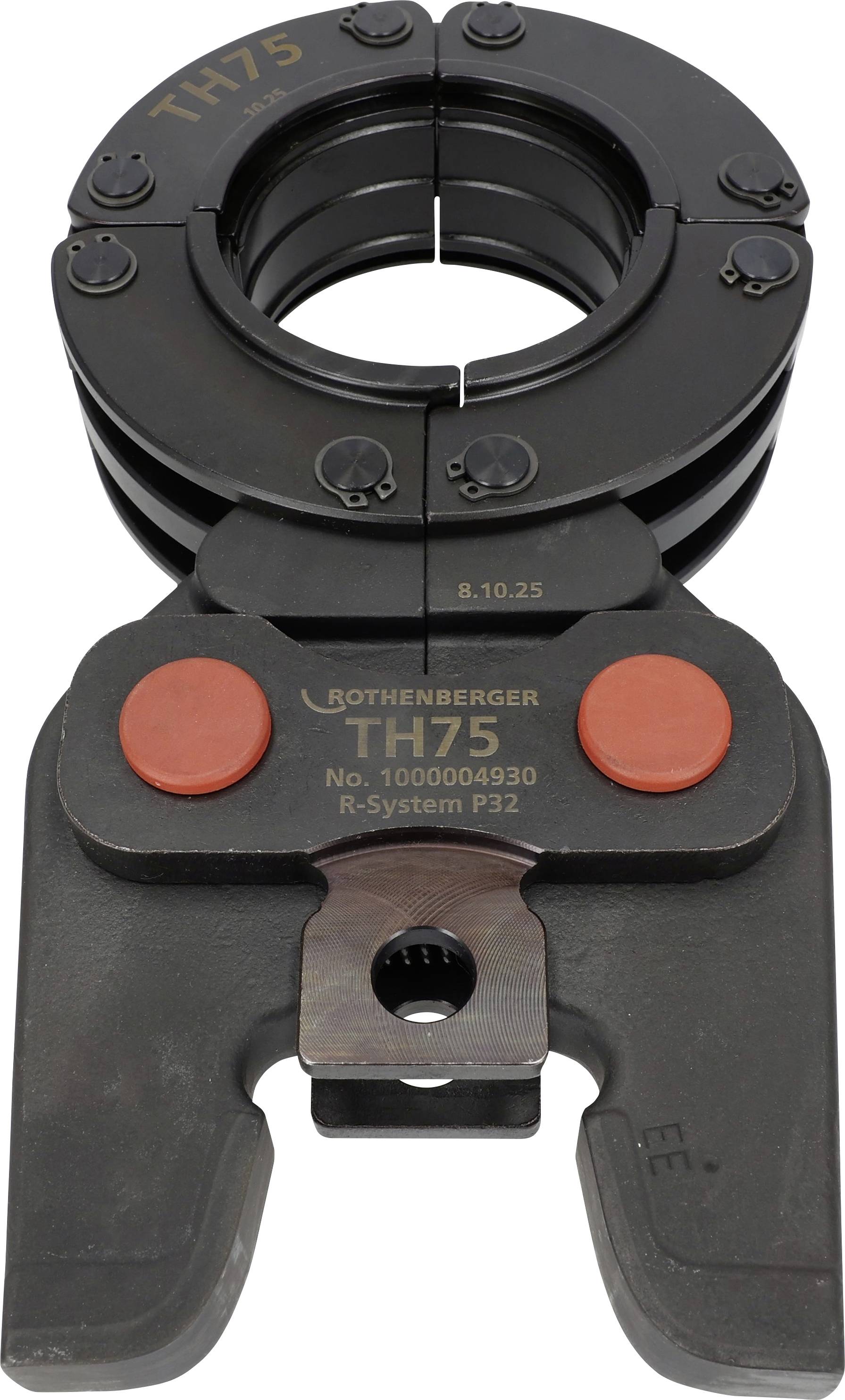 Glava 'Rothenberger TH75' hidrauličnog alata za stiskanje s dva crvena gumba, namijenjena prvenstveno za fitinge cijevi u vodoinstalacijskim i industrijskih primjenama.