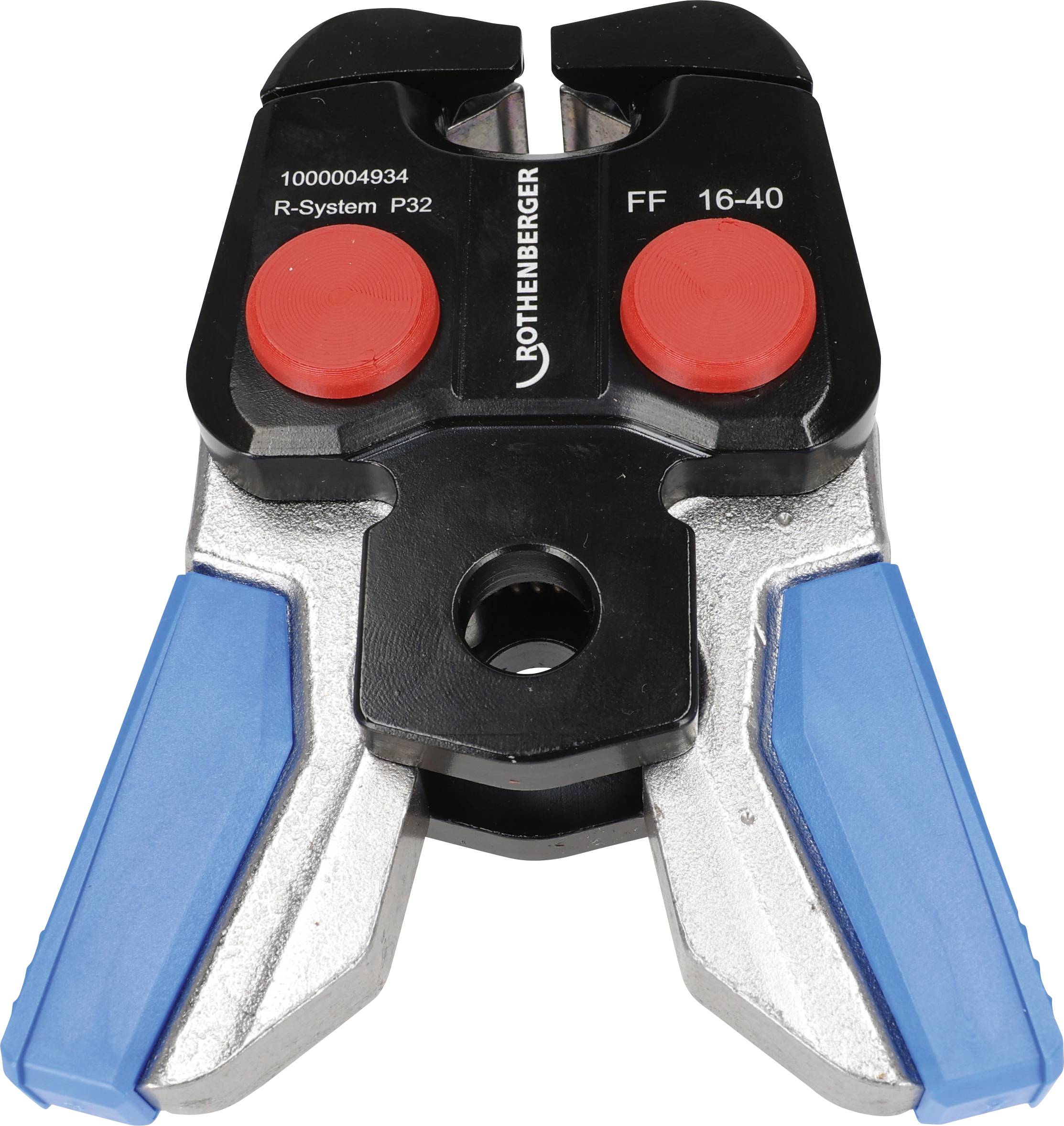 Alat za prešanje cijevi 'Rothenberger R-System P32' s crvenim brojčanicima i plavim ručkama, koristan za vodoinstalacijske radove i montažu cijevi.