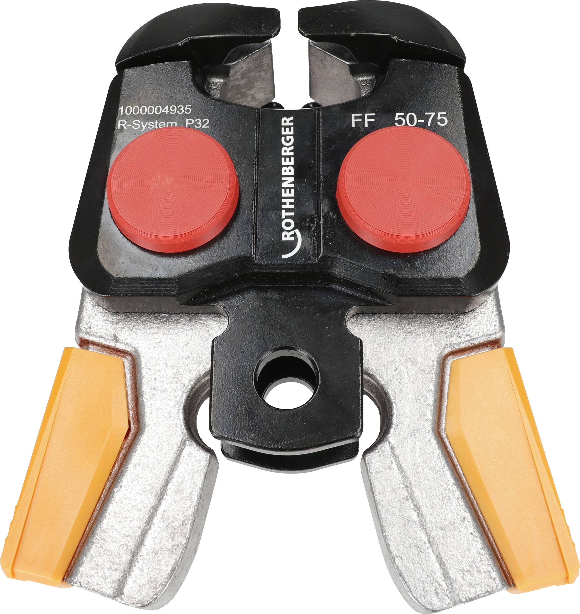 Rothenbergerov alat za prešanje cijevi s crvenim i narančastim komponentama, označen FF 50-75 R-System P32, korišten za vodoinstalacijske primjene.