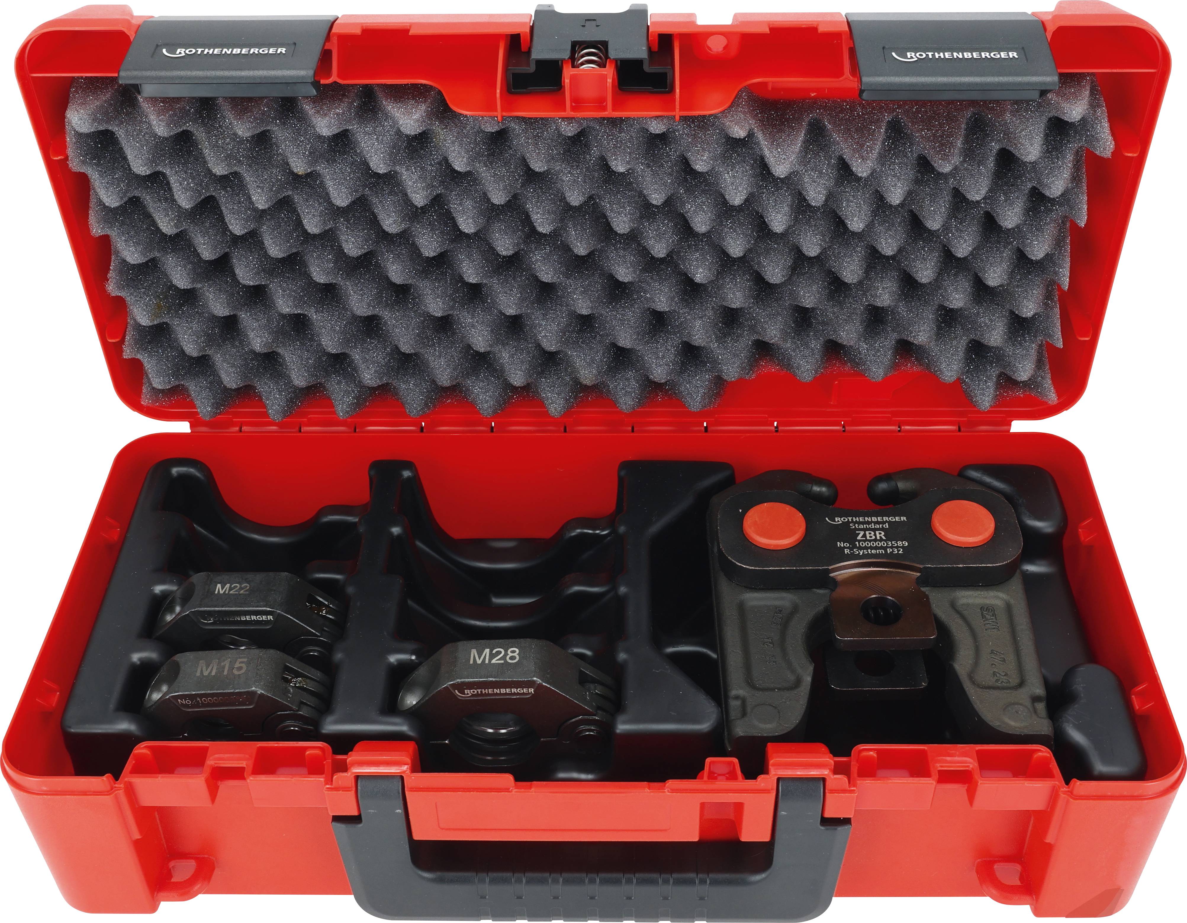 Crvena kutija s alatima marke 'Rothenberger' s pjenom u unutrašnjosti koja drži metalne alate za cijevi, označene s 'M16', 'M28' i '32mm'.