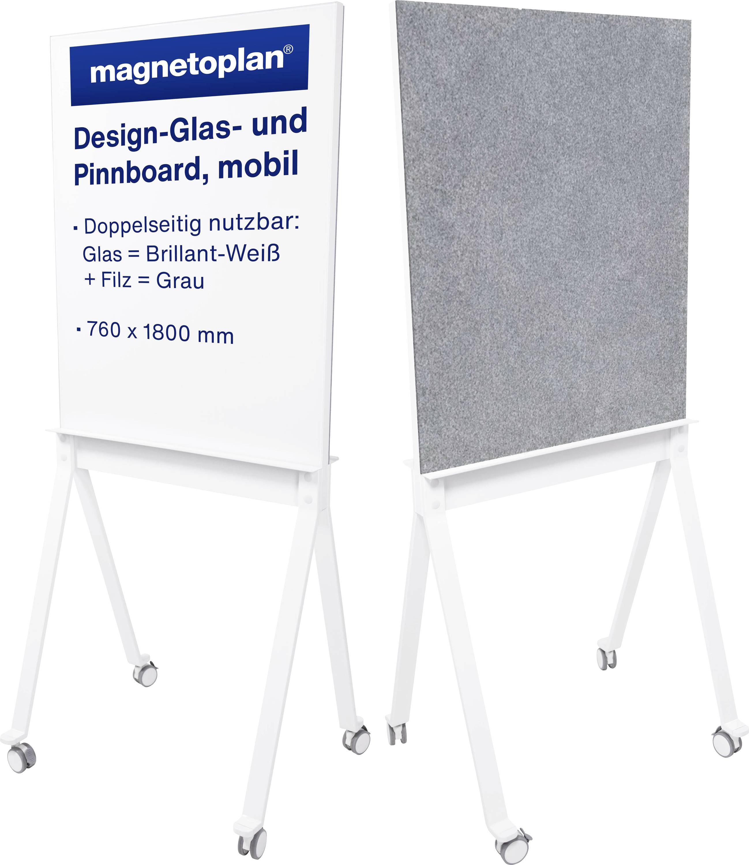 'Magnetoplan Design-Glas- i Pinnboard, mobilni' na mobilnom postolju. Dvostrano iskoristiv: lijevo staklo u bijeloj boji, desno sivi filc. Dimenzije: 760 x 1800 mm.
